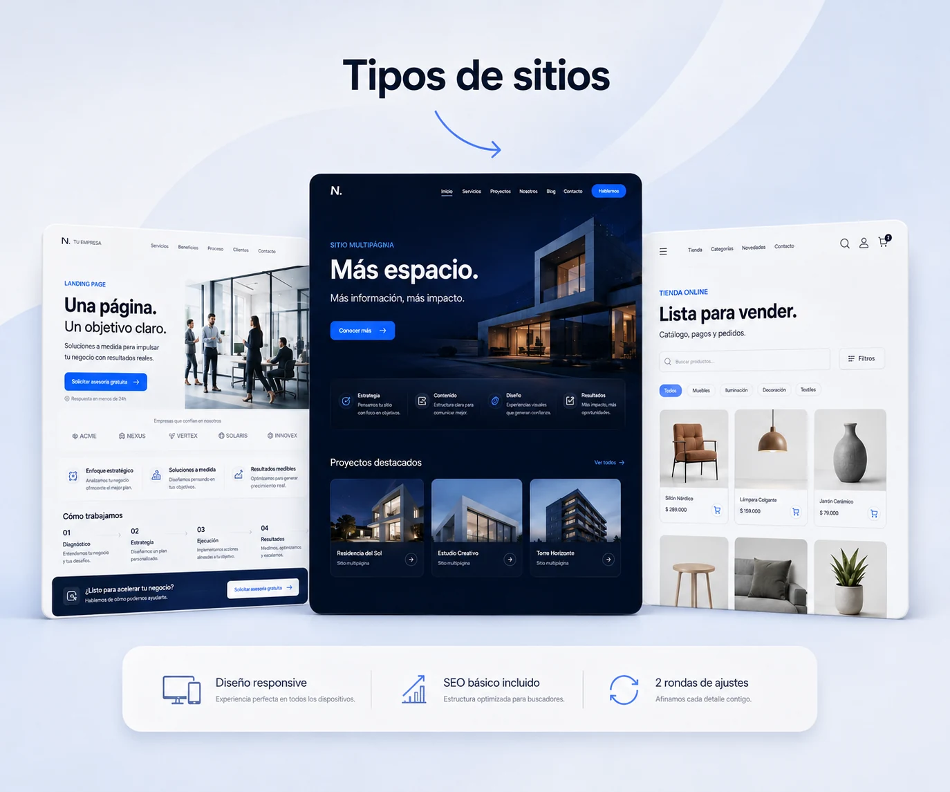 Vista previa comparativa de los tres tipos de sitios que desarrolla WebSize