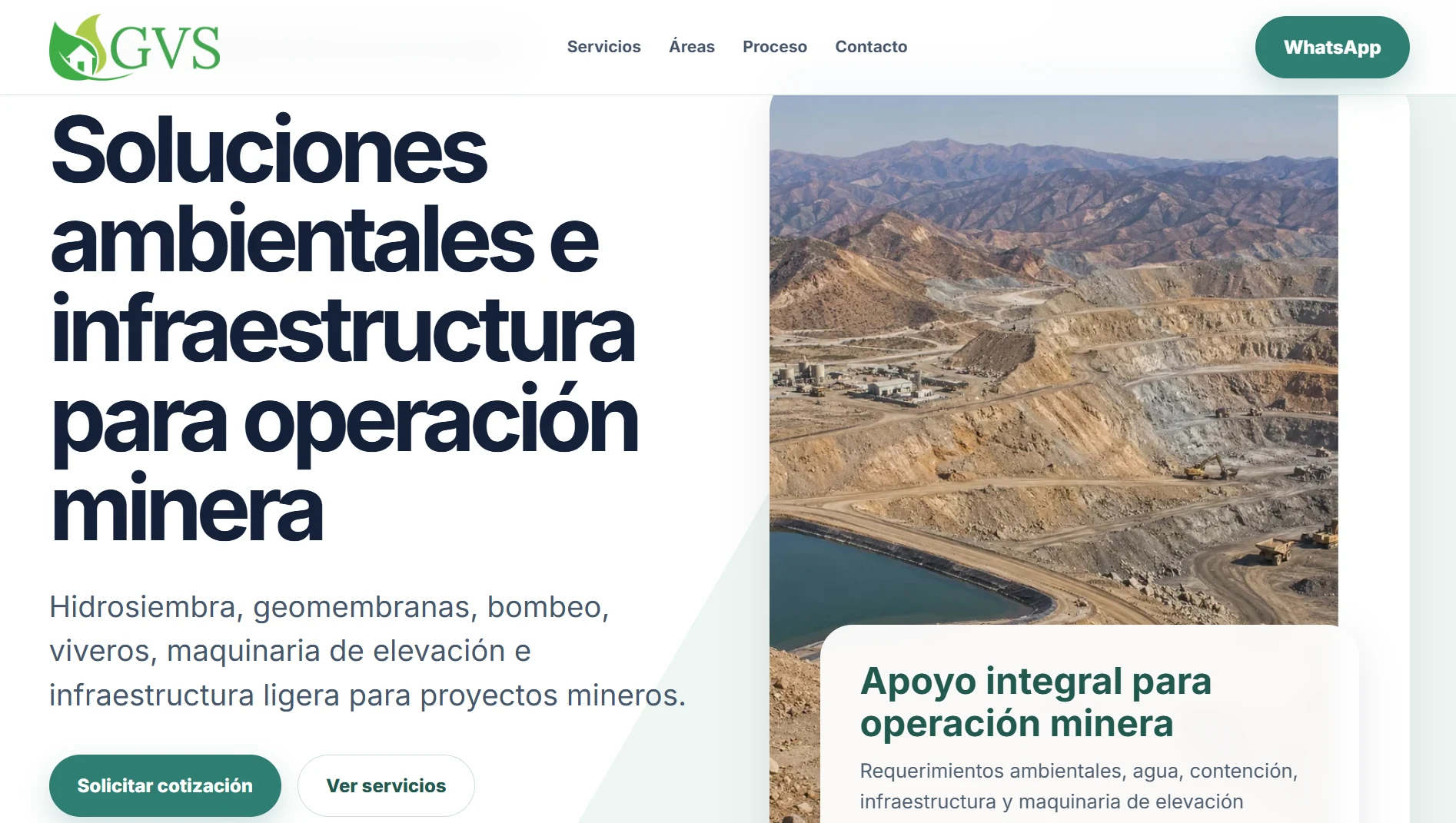 Vista previa del proyecto GVS, landing page
