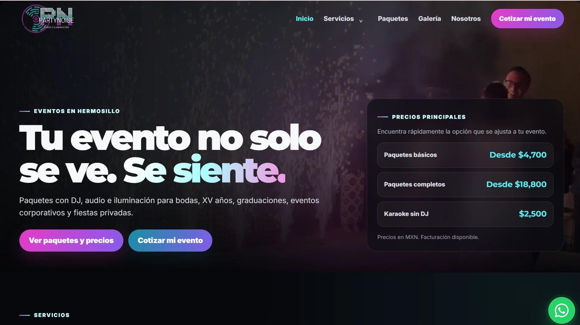Vista previa del proyecto PartyNoise, sitio multipágina