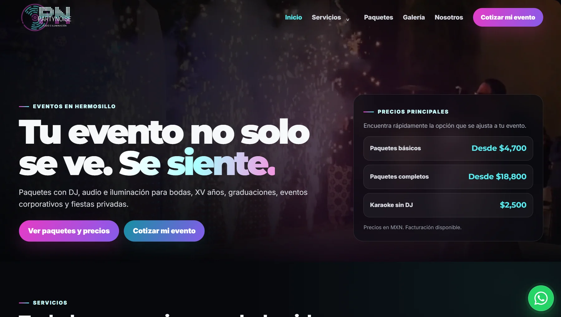 Sitio web completo de PartyNoise